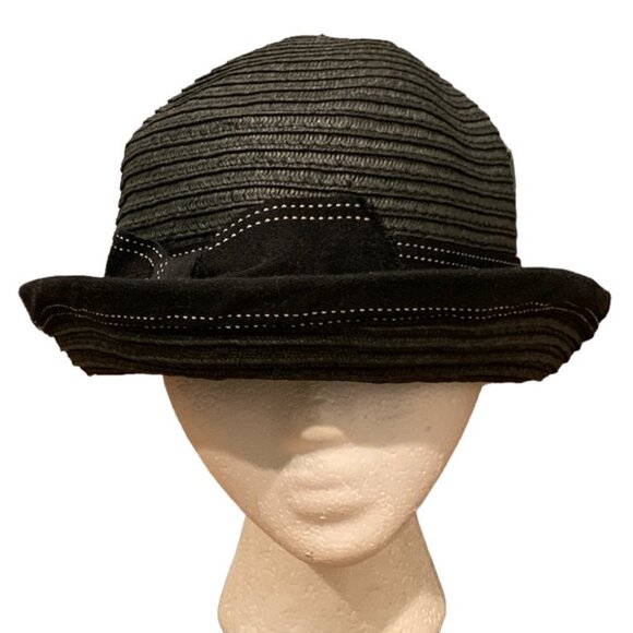 Women's Cloche Hat with Bow Black Paper Woven Foldable Packable  119E - Picture 4 of 10